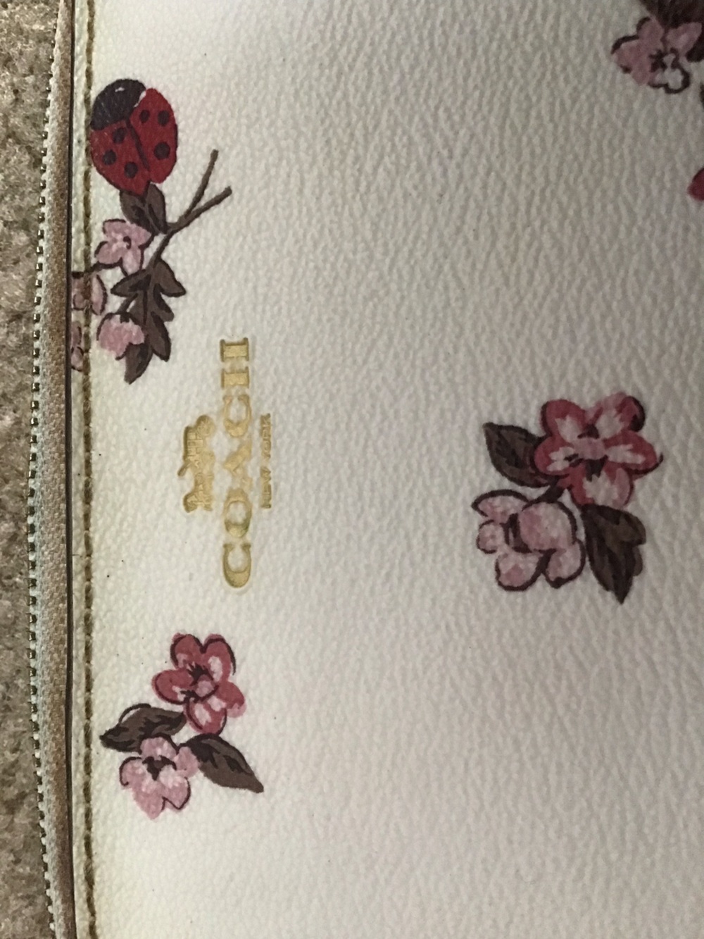 Coach White Floral Zip Wristlet - Pink Blossom and Ladybug Print